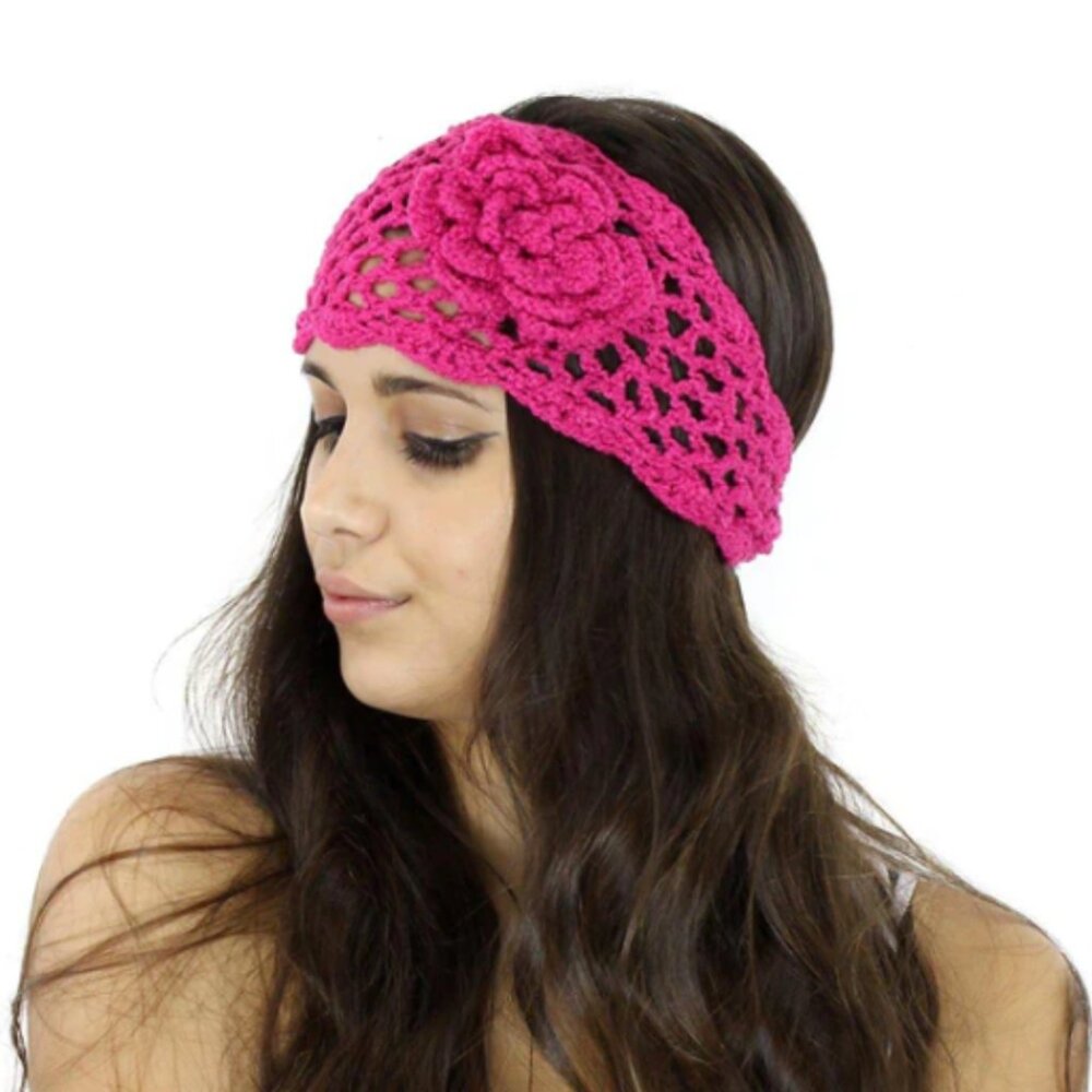 VERY‎ MODA Pink Knit Crocheted Flower Headband One Size NWT